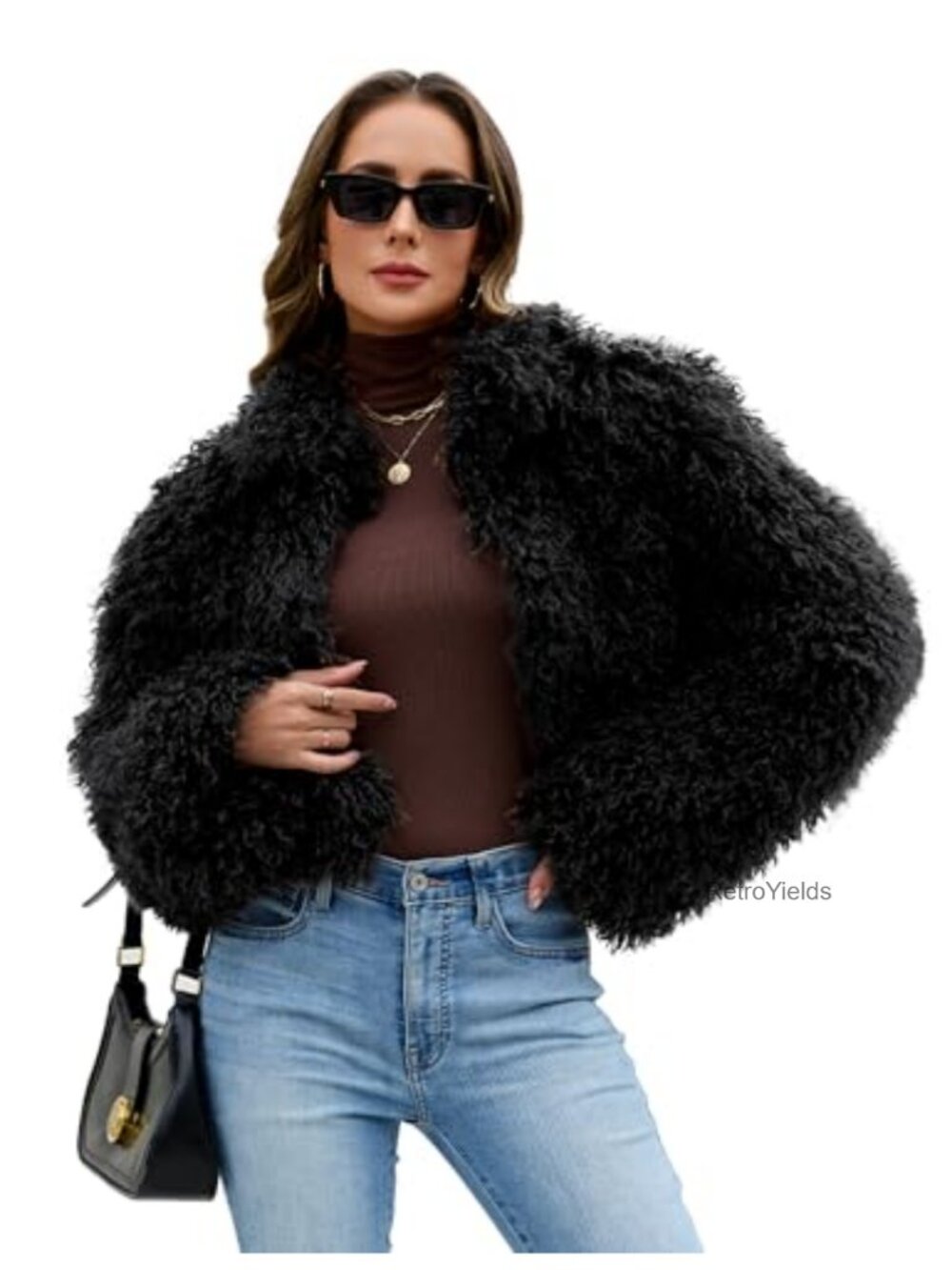 Womens Faux Fur Cropped Coat Fuzzy Long Sleeve Stand Collar Jacket